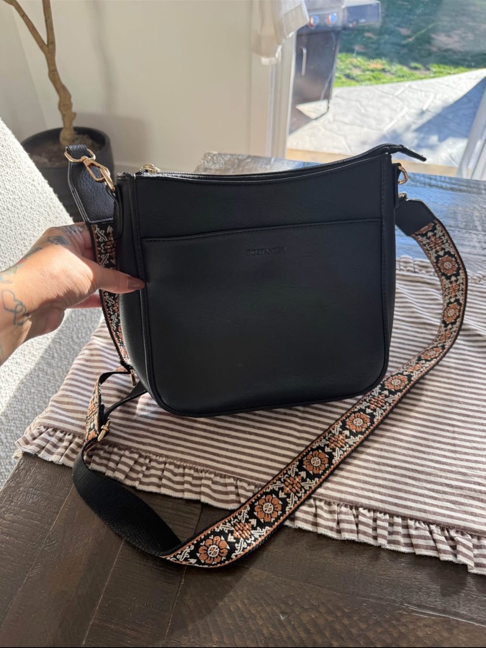 Black Crossbody Shoulder Bag with Floral Strap
